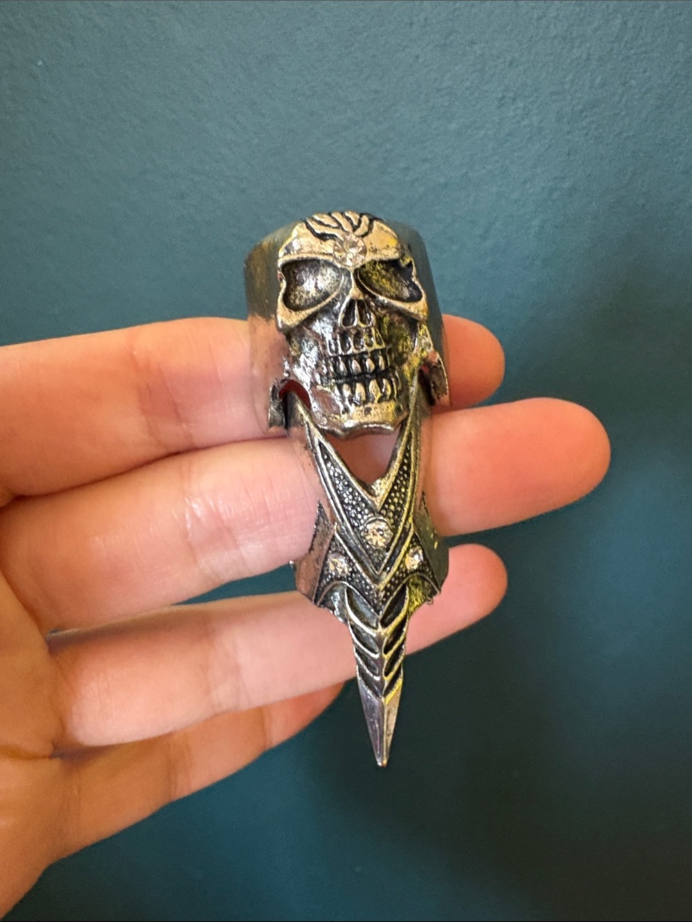 Silver Ton Full Finger Length Skull Ring